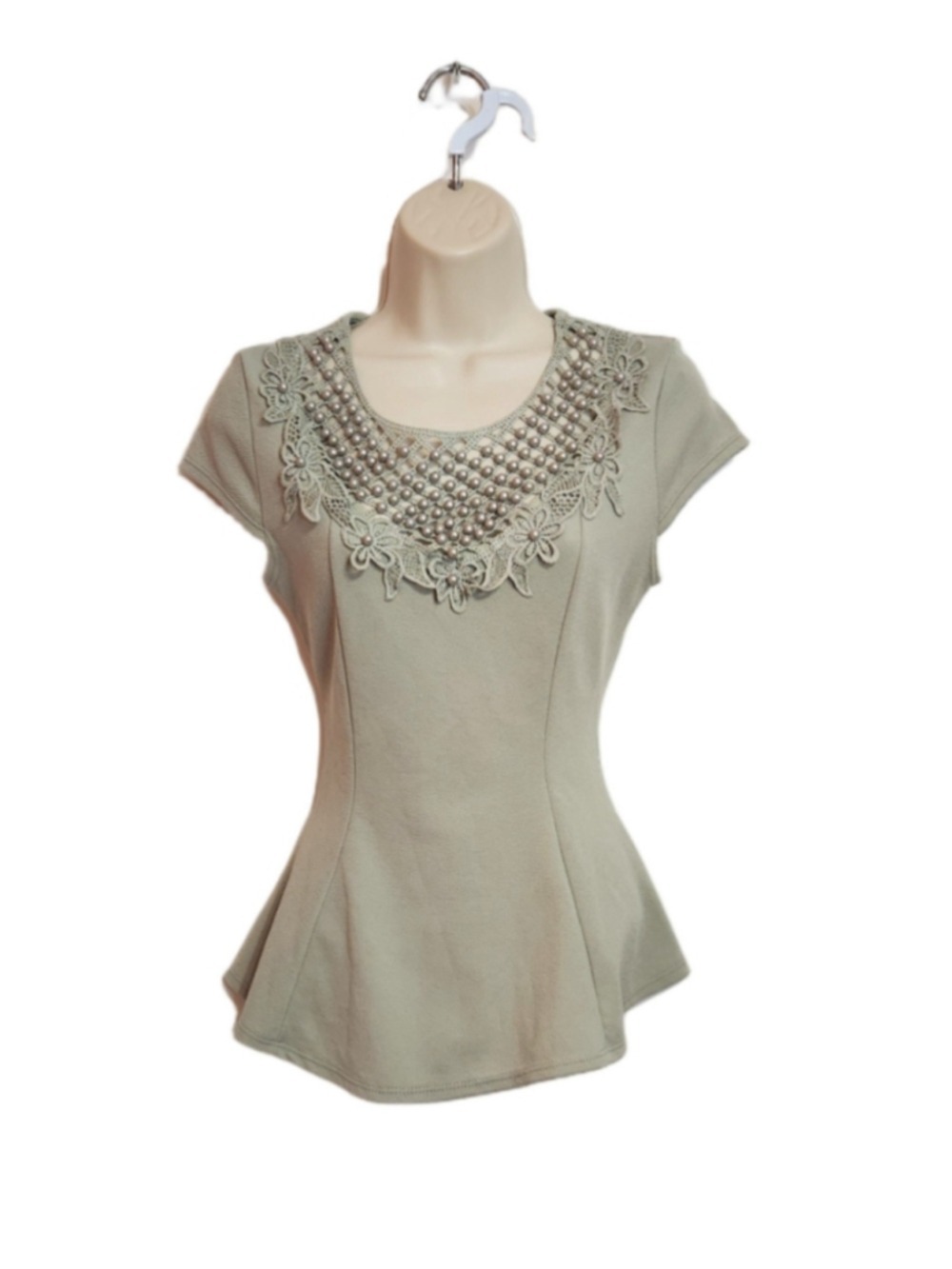 Fashion Magazine Green Pearl Embellished Cutout Neckline Blouse Small